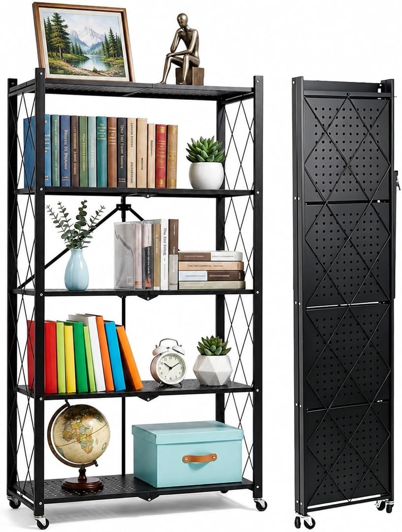 COKIHOM 5 Tier Foldable Storage Shelf with Wheels, Heavy Duty Metal Rolling Shelf Rack, No Assembly Wire Shelving Unit for Kitchen, Books, Living Room, Pantry, Garage, Office, Bedroom, Black