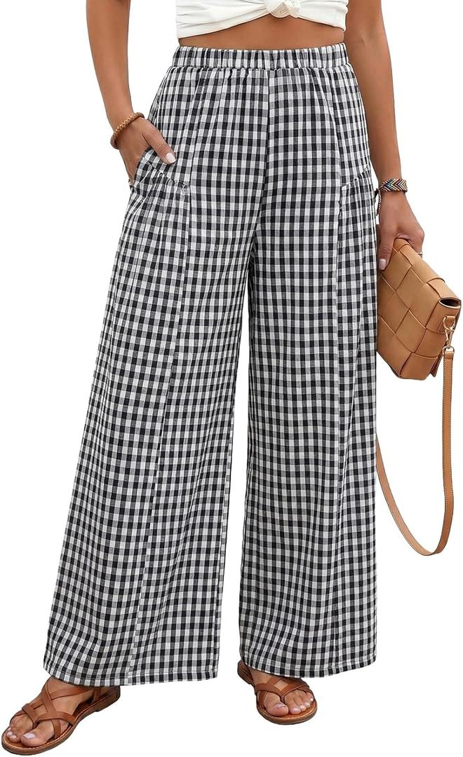 EVALESS Women's Wide Leg Palazzo Pants Casual Elastic High Waisted Cotton Gingham Plaid Culottes Trousers with Pockets (Large, Black)