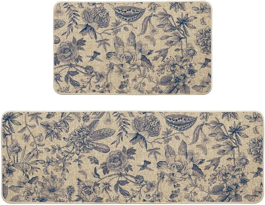 Artoid Mode Blue Floral Flowers Spring Kitchen Mats Set of 2, Home Decor Low-Profile Kitchen Rugs for Floor - 17x29 and 17x47 Inch