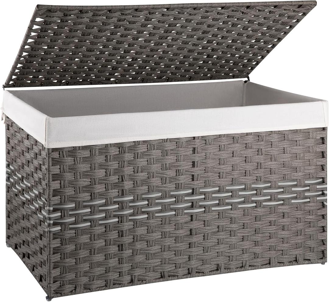 OIAHOMY Large Storage Basket with Lid, 42.3 Gallon (160L) Blanket Basket with Removable Liner Bag, Wicker Hamper with Handle, Foldable, Hamper for Bedroom, Grey