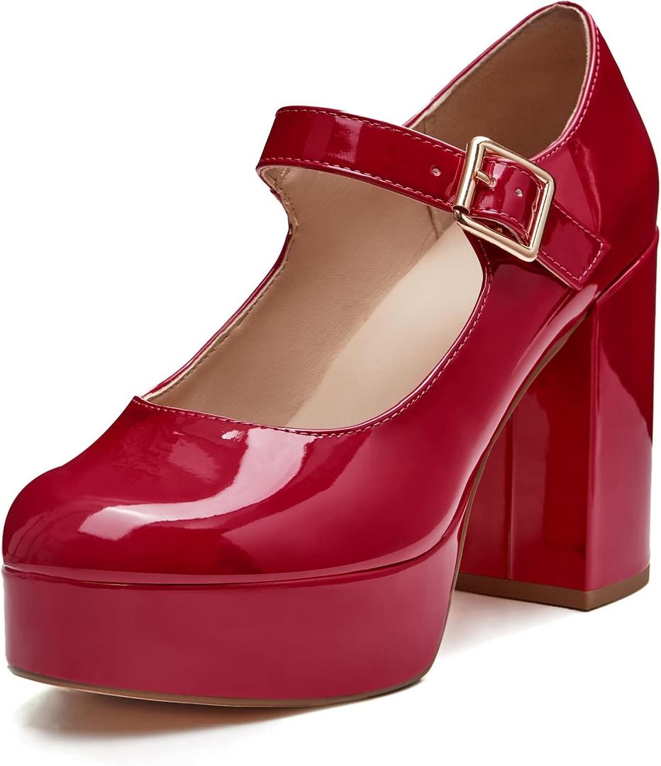 Coutgo Women's T-Strap Round Toe Platform Heels Chunky Heel Patent Mary Jane Dress Shoes (10, Burgundy)
