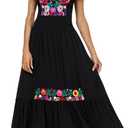 Women's Summer Maxi Dress Casual Floral Embroidered Round Neck Short Sleeve Ruffle Tiered Dress Flowy Boho Beach Sundress (Black, S)