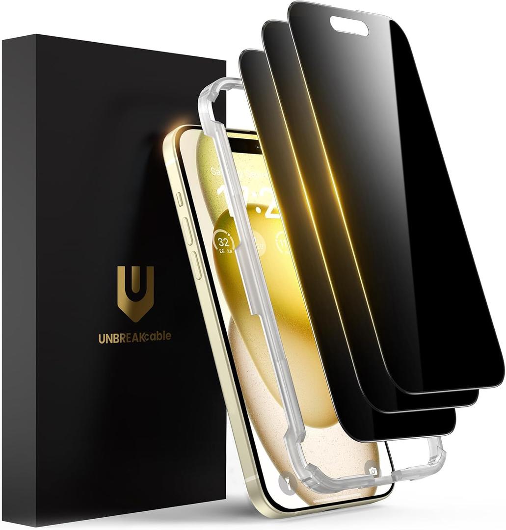 UNBREAKcable Privacy Screen Protector for iPhone 15 (6.1"), 25 Anti-Spy Tempered Glass, Easy Install Alignment Frame, Case-Friendly, 9H Hardness, Anti-Fingerprint, 3-Pack