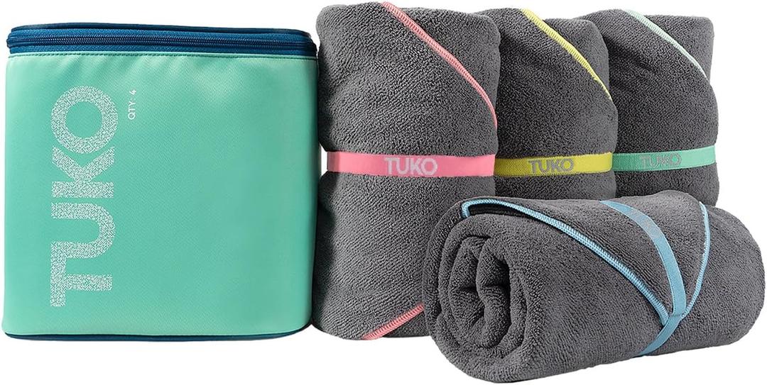 MISSION Tuko Microfiber Beach Towels 4 Pack, Quick Dry Pool Towel Set with Water Resistant Carrying Case, Lightweight Sand Resistant Travel Essential for Boat, Swim and Beach, 60 x 30
