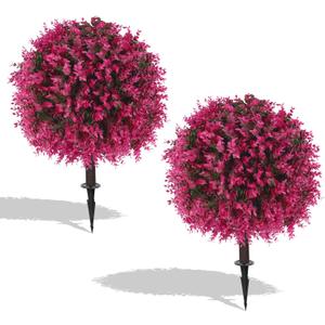 Artificial Pink Eucalyptus Topiary Ball Trees, 2 Set of 16'' UV Resistant Fake Evergreen Shrubs Bushes Plants with Ground Spike, Fake Plants for Outdoor Indoor Front Porch Garden