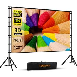 TOWOND Projector Screen and Stand, 120 inch Outdoor Projection Screen, Portable 16:9 4K HD Rear Front Movie Screen with Carry Bag Wrinkle-Free Design for Home Theater Backyard Cinema