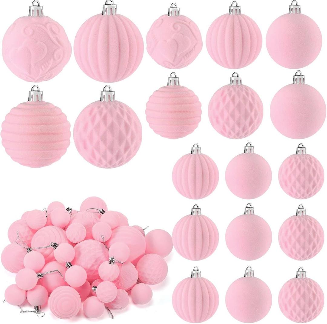 Hungdao 38 Pcs Velvet Christmas Ball Ornaments Sets Pink Flocked Christmas Tree Decorations with 5 Styles in 3 Sizes Shatterproof Hanging Xmas Ball Tree Ornaments for Xmas Holiday Decor