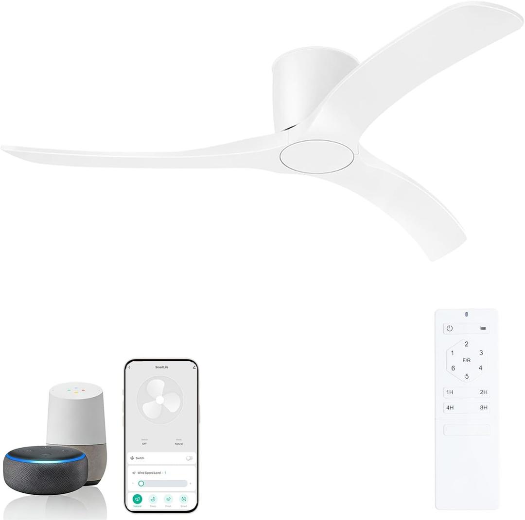52 Inch Smart Ceiling Fans Without Lights, Low Profile Flush Mount Ceiling Fan with Alexa & Remote Control, 6 Speed Reversible Quiet DC Motor, White Ceiling Fan for Bedroom Living Room Patio