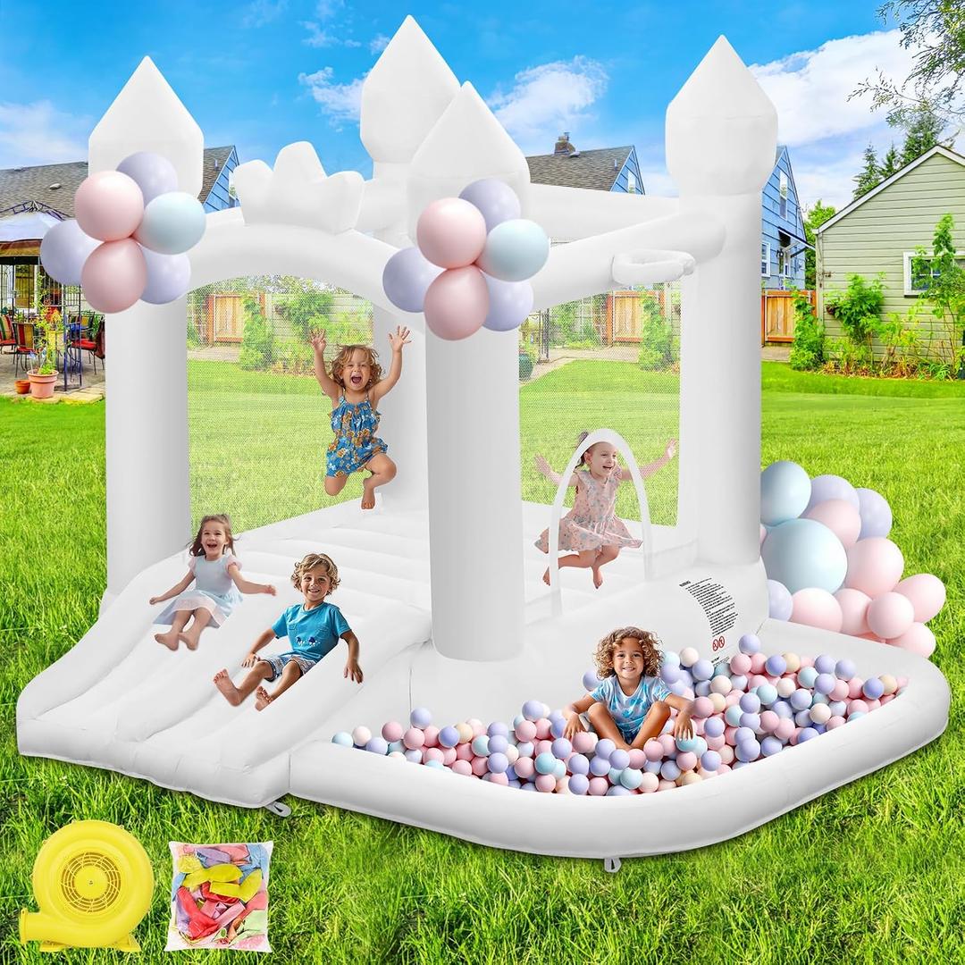 FINCOME White Bounce House, Inflatable Bounce Castle with Double Slide Ball Pit 370W Blower Bouncer for Toddler, Bounce House Bouncy Castle for Indoor Outdoor Backyard Wedding Kids Birthday Party