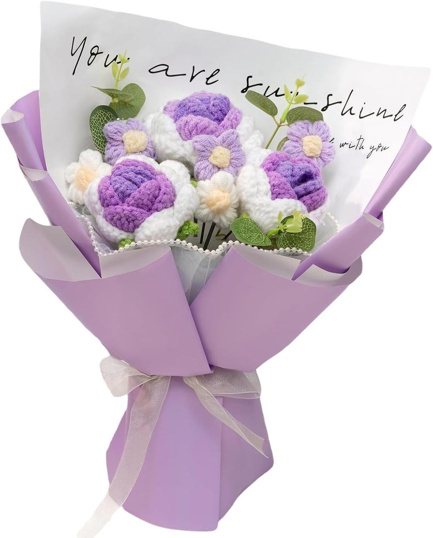 Crochet Flower Bouquet, Crochet Flowers Rose Handmade Knitted Bouquet for Birthday Graduation Wedding Gift for Women Girlfriend Lover Wife Decor (Purple) (EXP 12/31/36)