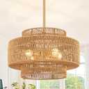 Large Boho Chandeliers for Dining Room, 4-Light Rattan Hand-Woven Rustic Chandelier Light Fixtures, 17.7" Farmhouse Hanging Pendant Lighting for Kitchen Island, Bedroom, Living Room