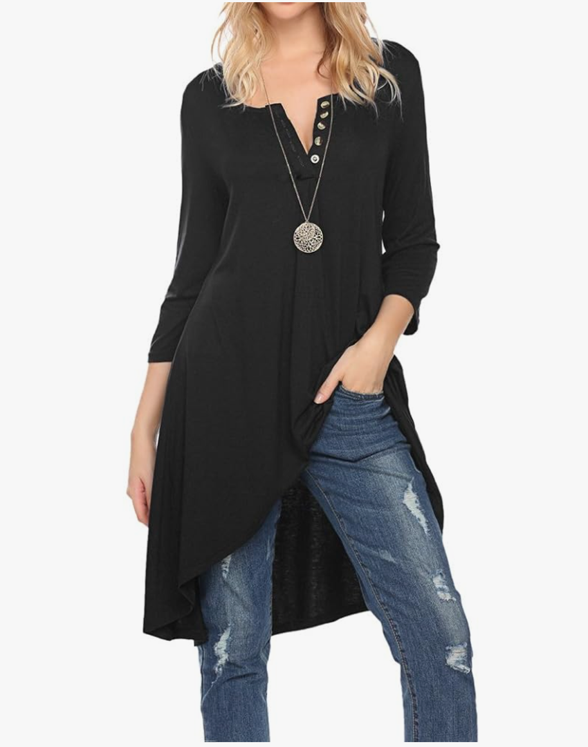 Naggoo Women's 3/4 Sleeve Button V Neck High Low Loose Fit Casual Long Tunic Tops Tee Shirt XL