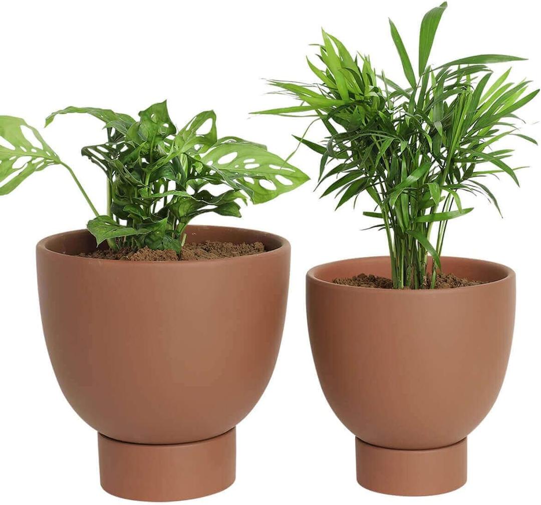 vensovo Dark Terracotta Self Watering Plant Pot - 2 PCS 6 Inch & 8 Inch Terra Cotta Plant Pot with Drainage Hole and Saucer, Small & Large Clay Flower Pot with Tray, Planter for Indoor Outdoor, 6.5 inches