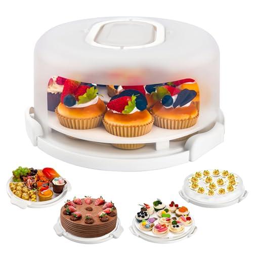 NPLUX White Cake Containers with Lids Round Plastic Cupcake Holders 4-in-1 Multipurpose Cake Carrier Holder for 11 Inch Cake Pies Cupcake Eggs Fruit or Snack Transport