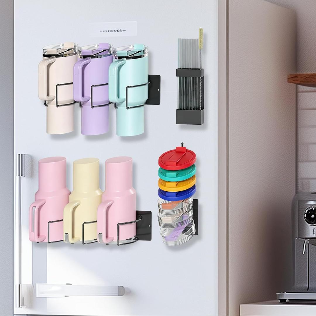 Magnetic Stanley Cup Holder for Fridge, Water Bottle Organizer for Stanley 30/40 oz, 4 Pack Set with 2 Cup Holders, Lid Organizer, Straw Rack,Cup Accessories, Thoughtful Gift for Tumbler Fans