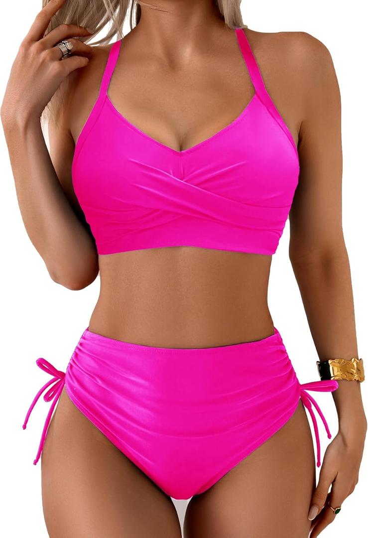 Fanuerg Women's High Waisted Bikini Sets Drawstring Tummy Control Two Piece Swimsuits Crisscross Tie Back Bathing Suit (X-Large, Hot Pink)