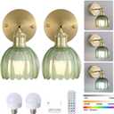 Vintage Battery Operated Wireless Wall Sconces, Rechargeable Gold Wall LightsGreen Tulip Glass Lampshad With Remote Dimmable Wall Lighting Indoor, Led Wall Lamp Fixtures For Bedroom, Living Room