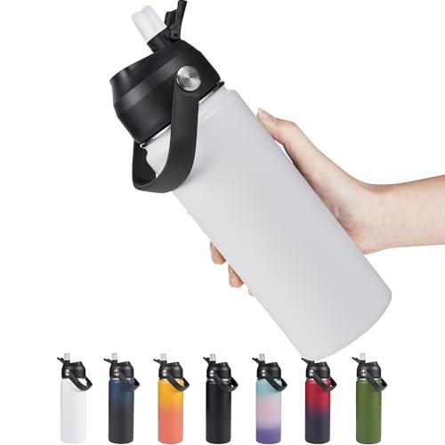 Fijinhom 18oz Insulated Stainless Steel Water Bottle, Wide Mouth Double Wall Vacuum, Silicone Straw, Sweat & Leak Proof, BPA Free Insulated Water Flask for Travel, Keep Cold 24h Hot 12h, White