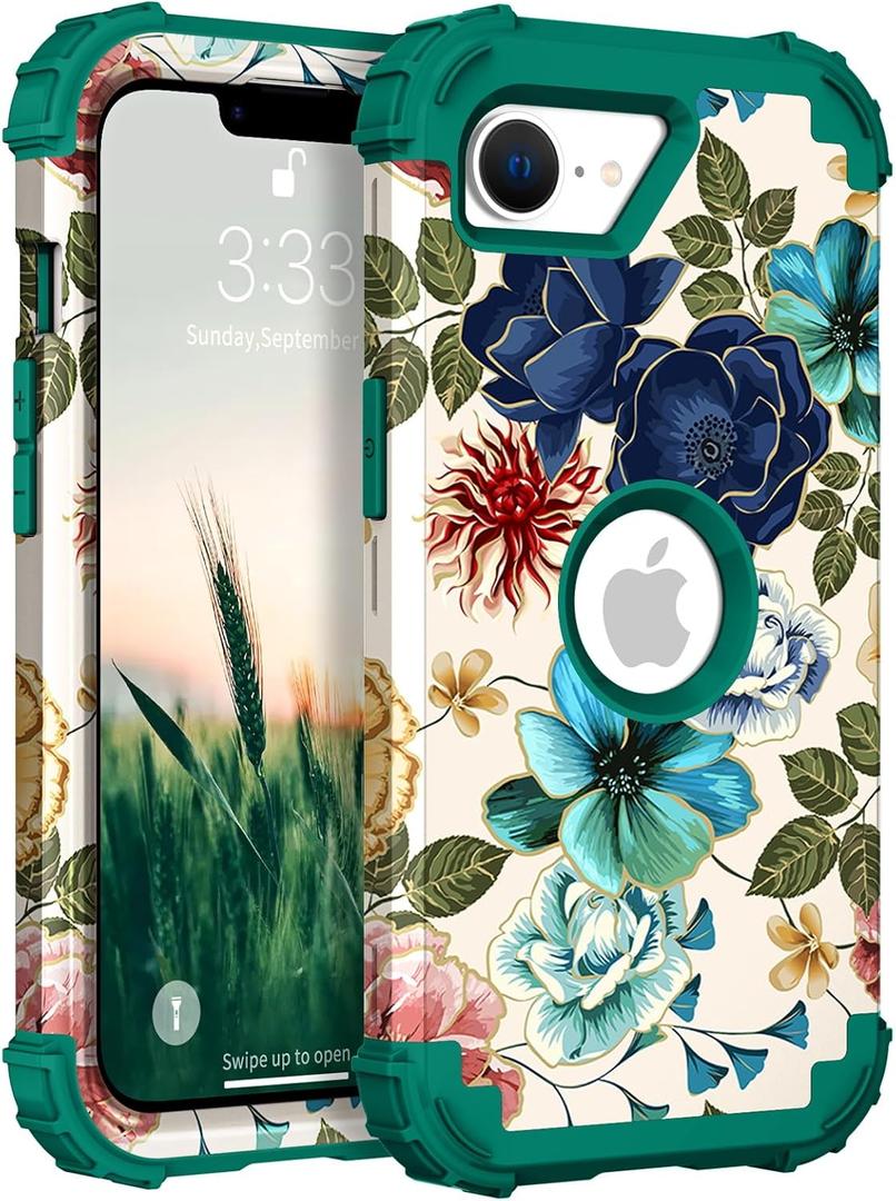 Hocase for iPhone 16e Case, Heavy Duty Shockproof Protection Hard Plastic+Silicone Rubber Hybrid Protective Phone Case for iPhone 16e 6.1" 2025 - Teal Flowers