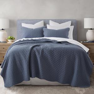 HORIMOTE HOME 100% Cotton Quilt Queen Size, Steel Blue Soft Lightweight Cotton Bedspread 3 Pieces Scalloped Edge Geometric Stitching Quilt Bedding Set with 2 Shams for All Season, 90 x 96 inches