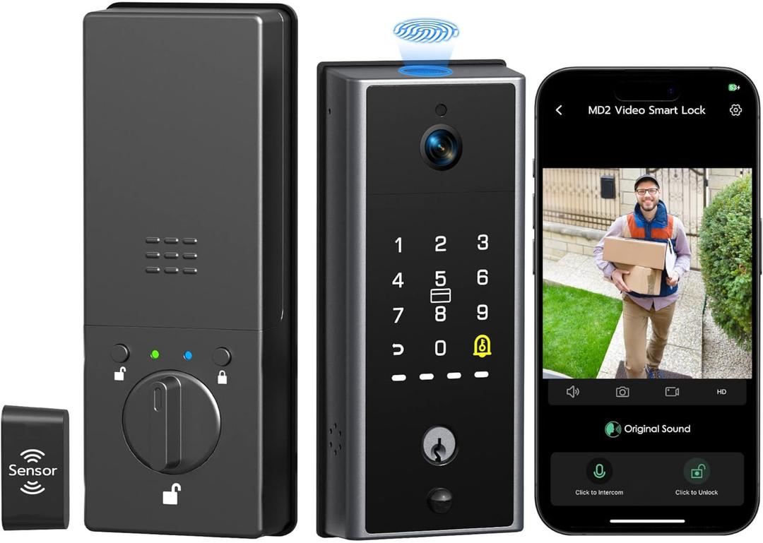 Anweller MD2 Smart Deadbolt Lock with Camera, Fingerprint Keyless Entry Door Lock for Front Door, Built-in WiFi, 10000mAh Battery, Door Sensor, Code Keypad, RFID Card, App Remote Control