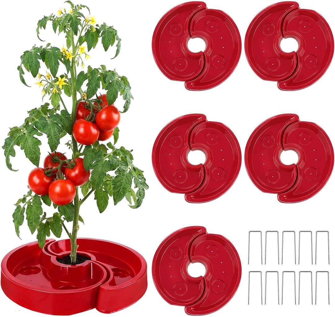 5 Sets Tomato Watering Trays, Surrounding Red Tomato Automator Tray, Root Irrigation Trays for Vegetables, Reduce Runoff, Weed Control, Boost Growth for Tomatoes, Peppers & Garden Veggies