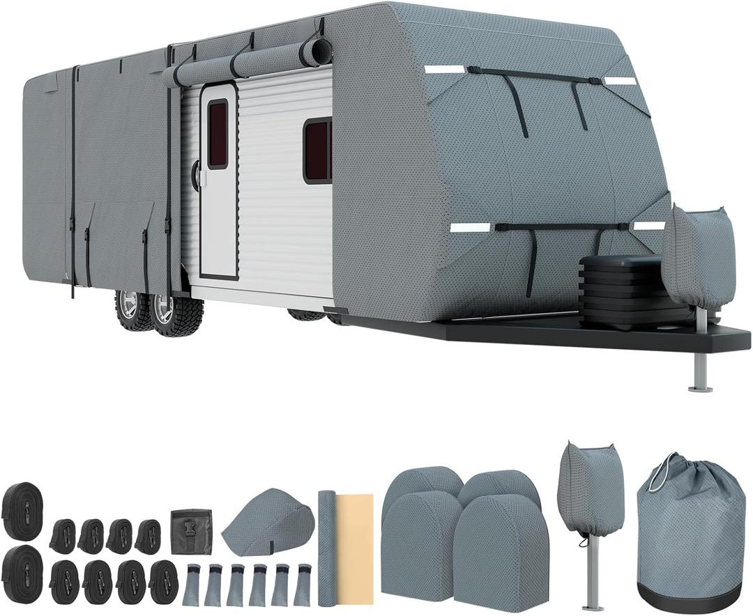 Mofeez Travel Trailer RV Cover, Extra-Thick Upgraded 7 Layers for Camper Cover 24'-27' Windproof Waterproof Rip-Stop RV Covers with Adhesive Repair Patches, 2Pcs Extra Straps & 4 Tire Covers, Gray