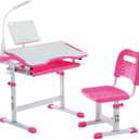 Diroan Kids Functional Desk and Chair Set, Ergonomic Height Adjustable Children School Study Desk with Tilt Desktop, Book Stand, LED Light, Metal Hook and Storage Drawer for Boys Girls(Pink) (Large)