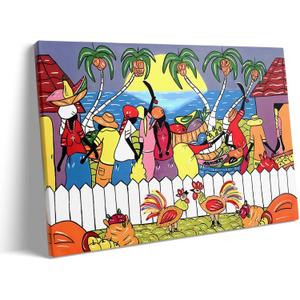 Colorful Farm Canvas Wall Art, Tropical Fruit Market with Palm Trees and Roosters Picture Print, Farm Life Painting, Poster Framed Tropical Artwork for Kitchen and Living Room Decor Artwork 20" x 24" (Style-05)