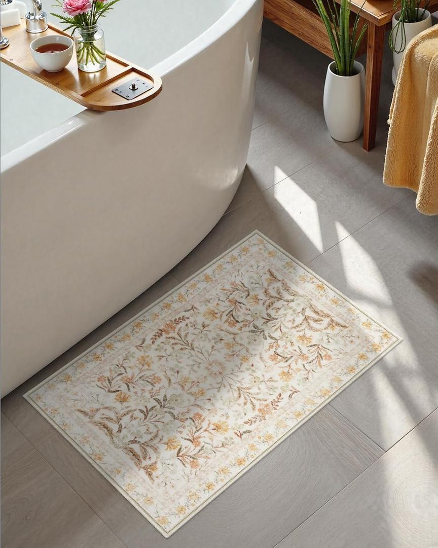 Seavish Boho Bathroom Rugs Non Slip Washable 16 x 24 Inch Small Yellow Floral Bathroom Rugs, Soft and Comfortable Water Absorbing Bath Mat for Sink Vanity Shower