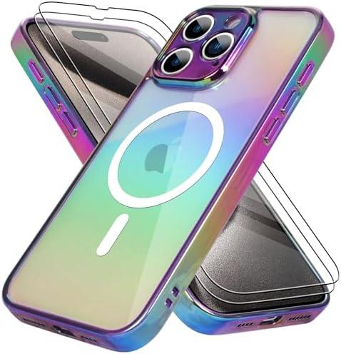 Bonoma for iPhone 15 Pro Max Case Magnetic 【Support for Magsafe】 Bling Laser Iridescent Florescent Crystal Luxury Camera Protector + 2* Screen Protector Shockproof Edge Cover -Purple