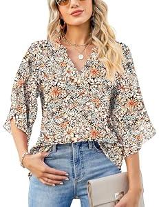 Women's Flowy Chiffon Blouse Shirts 3/ 4 Flutter Sleeve V Neck Casual Summer Solid Loose Fit Tops (Black/ Orange Floral S)