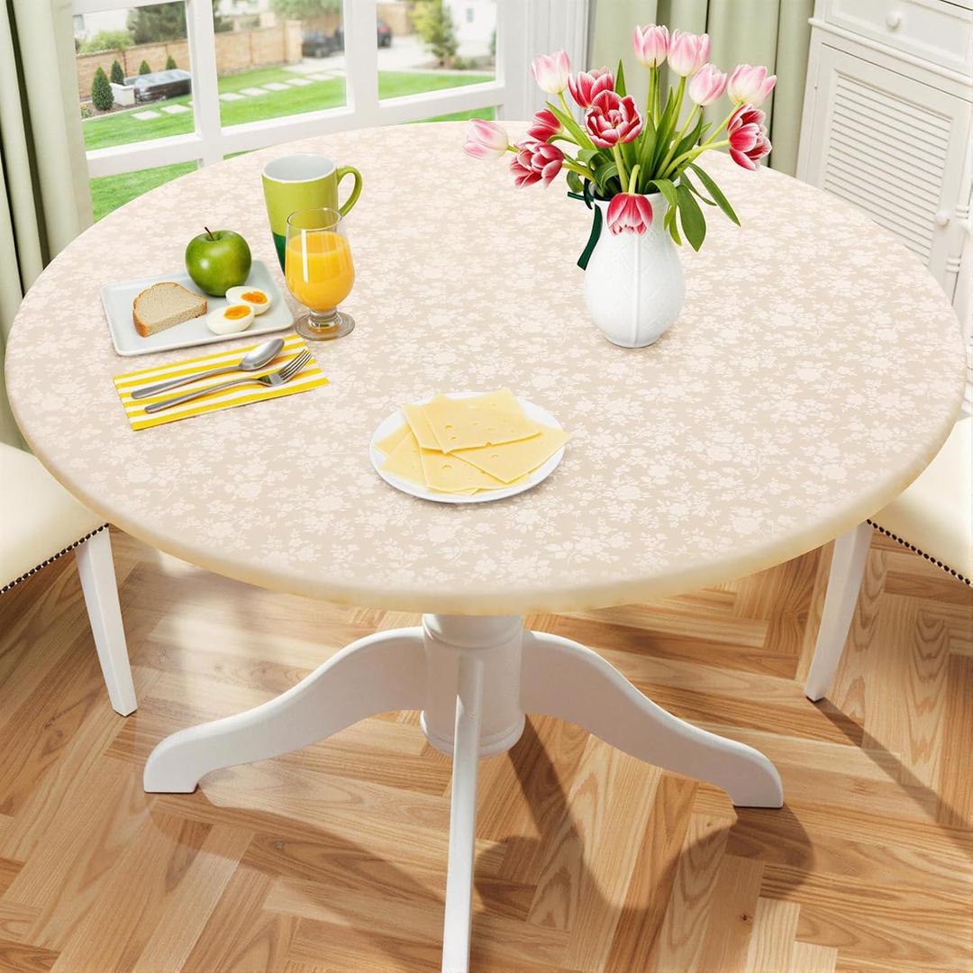 Smiry Round Picnic Tablecloth, Elastic Waterproof Fitted Heavy Duty Vinyl Tablecloths for 18"-24" Tables, Wipeable Washable Table Cover for Kitchen, Dining, Camping, Outdoor, Beige