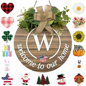 Interchangeable Seasonal Monogram Letter W Welcome Sign Front Door Decor Wooden Wreaths for Front Door Wreath Rustic Initial House Warming Porch Wall Home Decorations for All Seasons