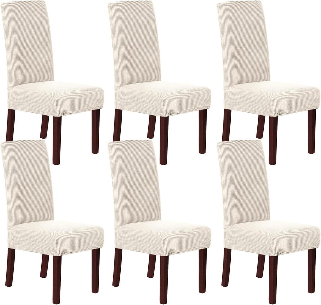 H.VERSAILTEX Stretch Dining Chair Covers Set of 6 Chair Covers for Dining Room Parsons Chair Slipcover Chair Protectors Covers Dining, Feature Textured Checked Jacquard Fabric, Ivory