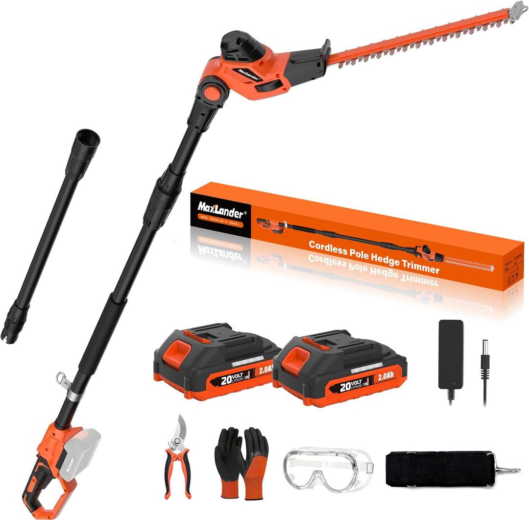 MAXLANDER Hedge Trimmer 18-Inch Cordless Pole Hedge Trimmer, 16-Feet Max Reach Hedge Trimmer with Extension Pole, Multi-Angle Adjustable, 2 x 2.0Ah Battery and Charger Included