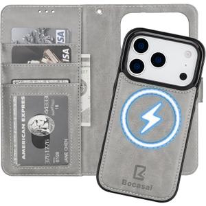 Bocasal for iPhone 17 Pro Wallet Case Compatible with MagSafe Wireless Charging, RFID Blocking Magnetic Leather Case with Card Slots Holder Kickstand Detachable Wrist Strap 6.3 Inch (Grey)