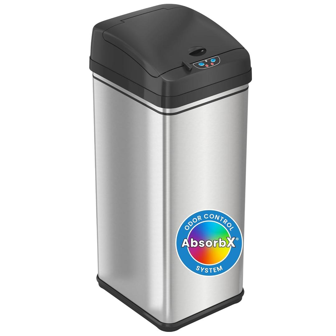 iTouchless 13 Gallon Stainless Steel Automatic Trash Can with Odor-Absorbing Filter and Lid Lock, Sensor Kitchen Garbage Bin, Power by Batteries (not included) or Optional AC Adapter (sold separately)