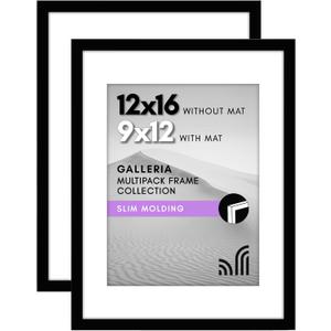 Americanflat 12x16 Picture Frame with Polished Plexiglass - Set of 2 - Use as 9x12 Frame with Mat or Display 12x16 Photo Without Mat - Galleria Collection - Picture Frames for Wall Display - Black