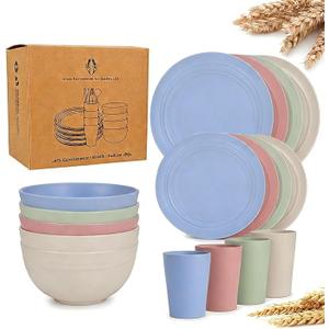Mtgluk Wheat Straw Dinnerware Set for 4, Plastic Plates, Bowls, and Cups, Unbreakable, Dishwasher & Microwave Safe, Eco-Friendly, Ideal for Family Meals, Camping, and Picnics (Light color)