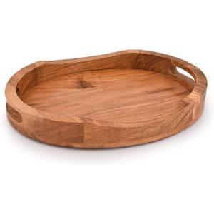 Tray Acacia Wood Oval Large Tray with Handle Food Serving Trays for Living Room Home Dining Table (14" X 11" X 2")