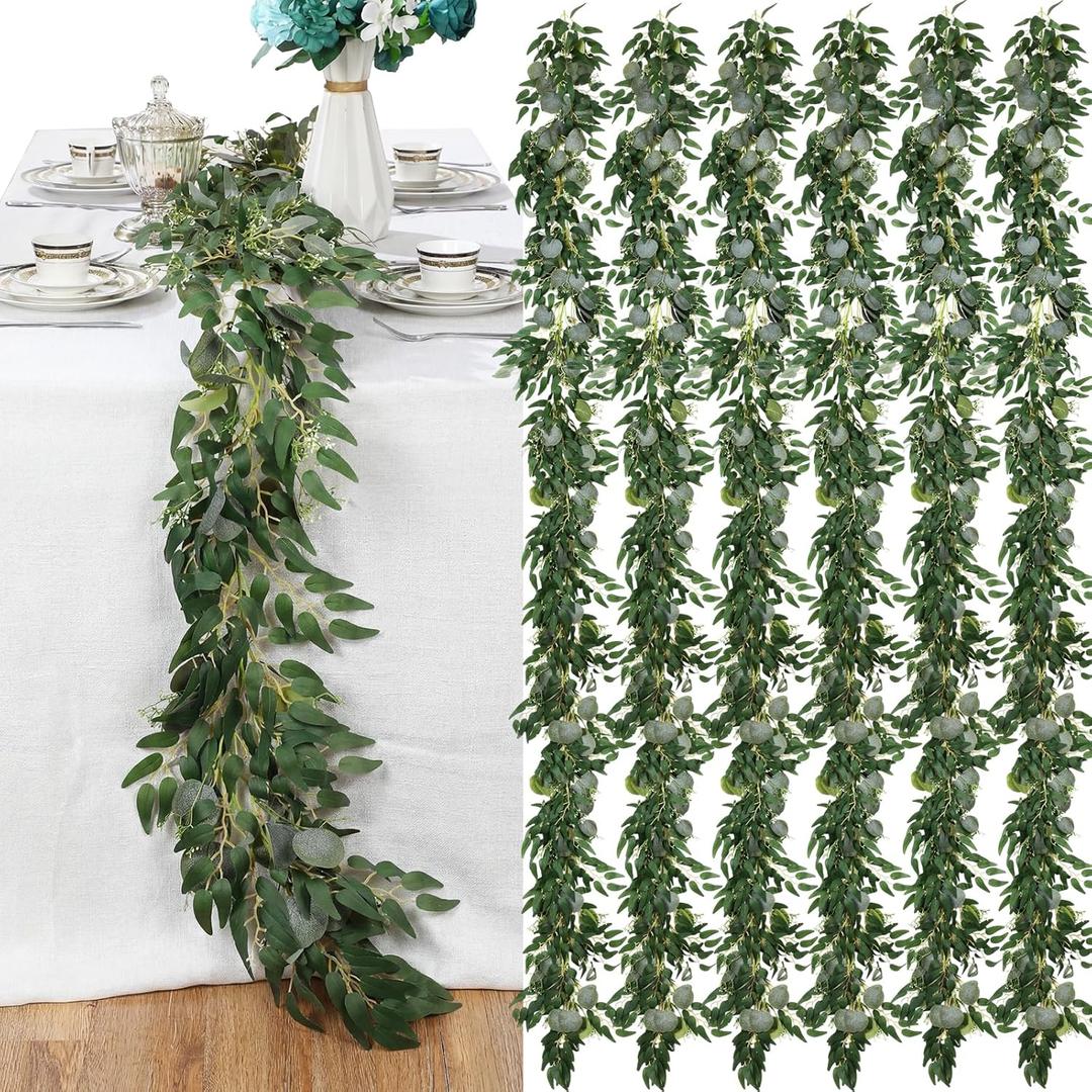 6 Pcs Artificial Eucalyptus Garland, 5.91 Feet Faux Greenery Artificial Hanging Fake Leaves Vines for Wedding Backdrop Arch Table Wall Party Home Mantle Decor(Eucalyptus Willow Leaves)