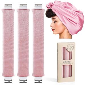 Heatless Curlers, Heatless Curls Overnight Set for Women, No Heat Hair Curlers to Sleep In, Jumbo Overnight Curls with Blowout Rods for Long Hair (Pink, 3 Pack Curling Rod with 1 Scarf)