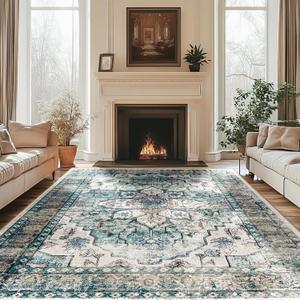 BESTSWEETIE 6x9 Area Rug Washable Rugs for Living Room, No Pile Boho Carpet for Entryway Bedroom Dinning Room, Vintage Carpet Print Distressed Non-Slip, 6 x 9 ft, Multi Navy Teal