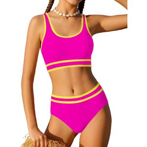Girls Swimsuit Double Strap High Waist Sporty Bikini Swimsuits Swim Cover Up Skirt 3 Piece Set (9-10 Years, Pink)