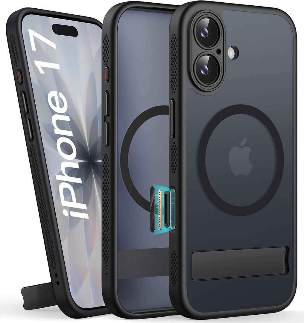 BXYJY for iPhone 17 Magnetic Case with Stand, Compatible with MagSafe, Camera Control Button, Full Lens Protection, Rugged Military Grade Drop, Hard Translucent Matte Slim Case for iPhone 17, Black