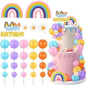 63 Pcs Cake Toppers with Balls Daisy Rainbow Cake Topper, Blue Cake Topper Pastel Cupcake Toppers Cake Decorations for Birthday Wedding Groovy Party Supplies