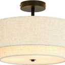 16" Semi Flush Mount Ceiling Light, 3-Light Drum Ceiling Light Fixture with 2-Tier Fabric Linen Shade, Farmhouse Chandelier for Dining Room, Living Room, Bedroom, Kitchen, Hallway, Entryway (Black)