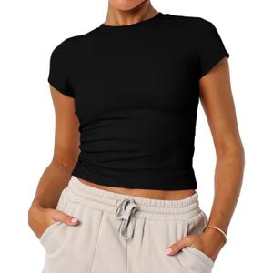 Women's Basic Summer Short Sleeve Crewneck T-Shirts Y2K Cute Going Out Tops Baby Tee (Medium, Black)