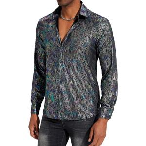 Mens 70s 60s Disco Shirt Metallic Party Costume Long Sleeve Button Down Shirts (Medium)